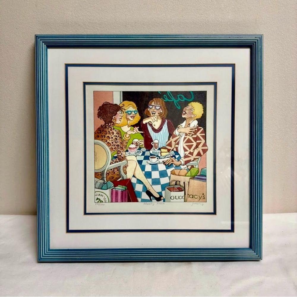 Vintage Framed Art Print Frances Greenberg, Shopping Break 15 x 15 Original Art